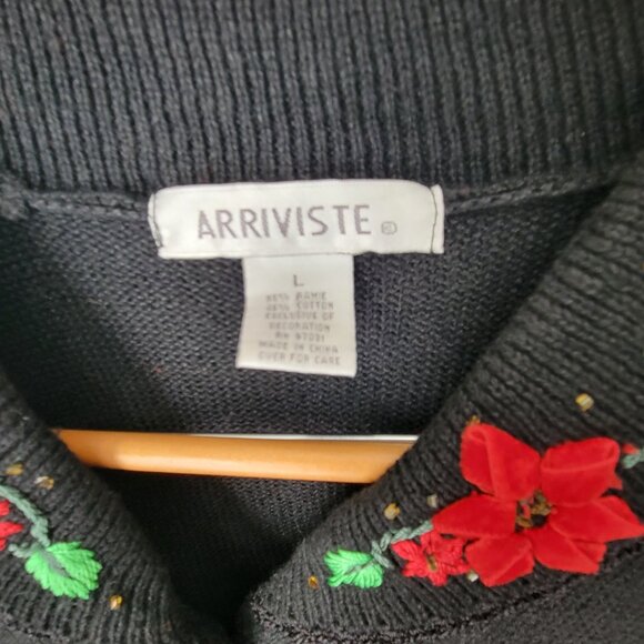 Women's Christmas Holiday Sweater Cardigan L Arriviste Poinsette - Picture 2 of 3